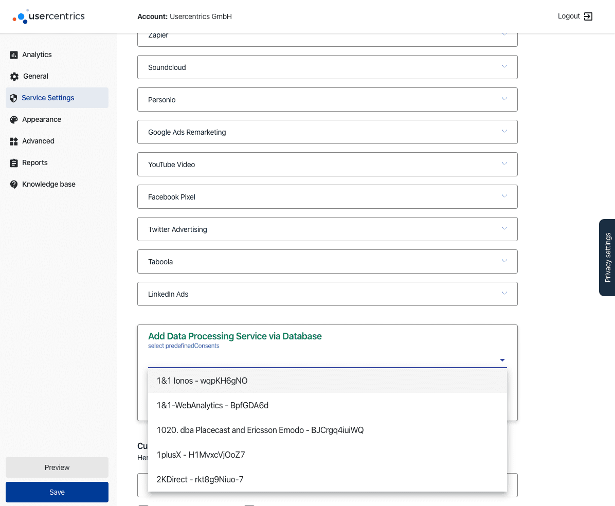 Usercentrics - Google Fonts als Datenverarbeitungsservice anlegen