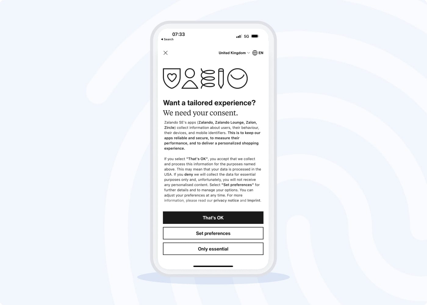 Smartphone-Bildschirm mit einem Pop-up-Fenster für die Einwilligung zu einem benutzerdefinierten Erlebnis - Usercentrics