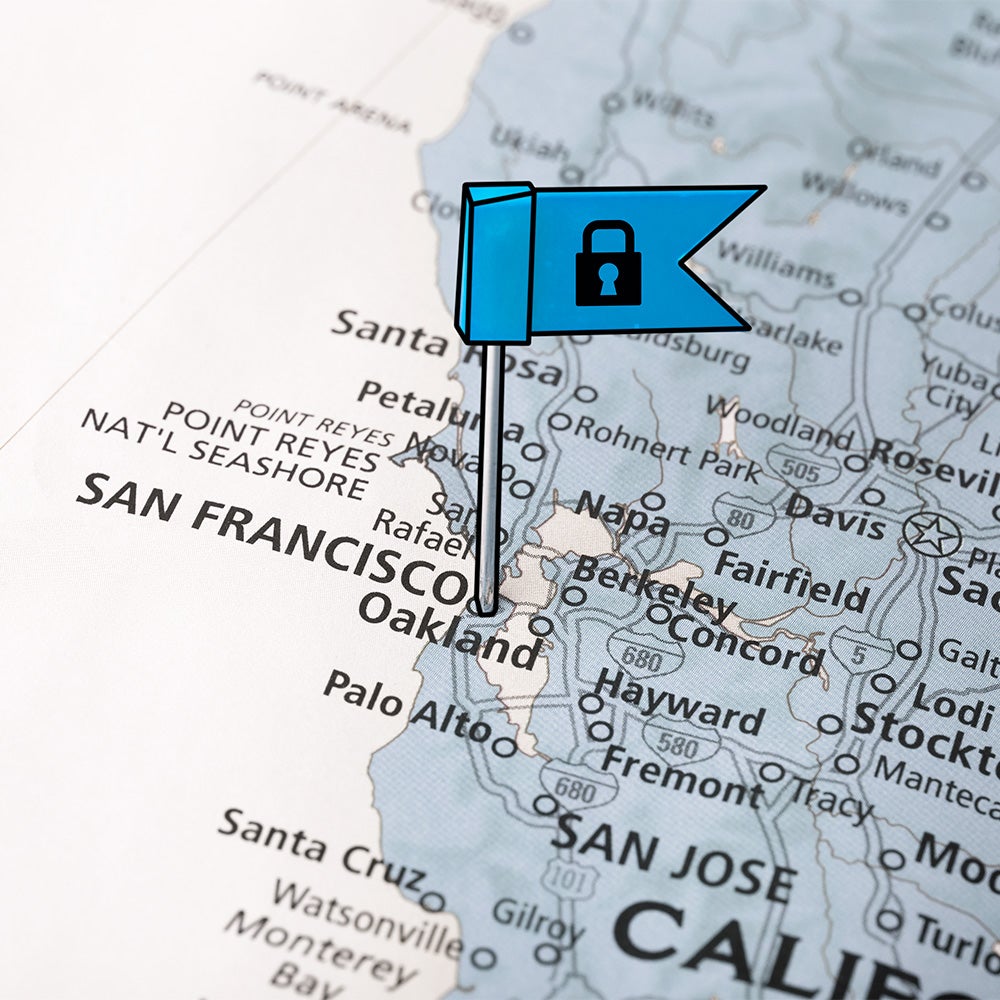 California map with flag with a padlock