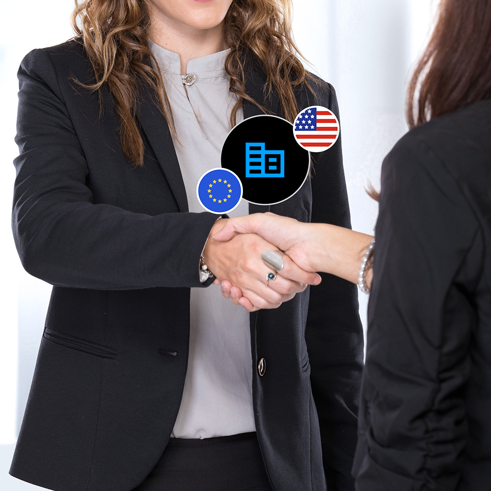 Women shaking hands with USA and EU flags