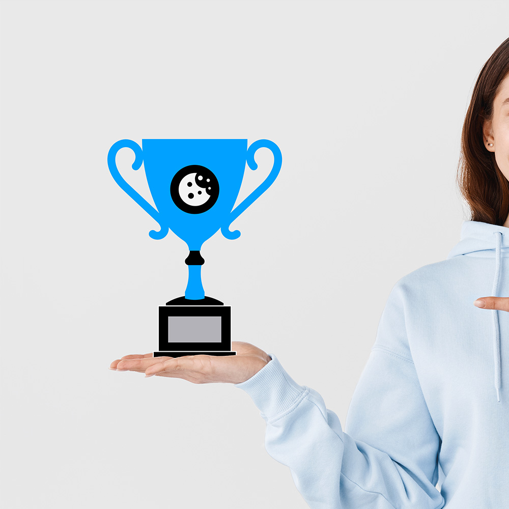 Woman holding trophy with cookie icon