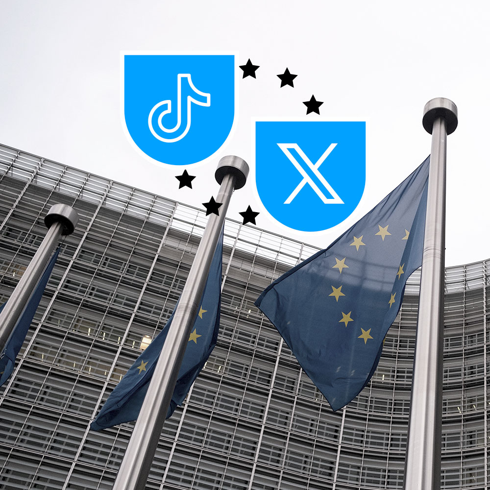 Illustration of the TikTok and X logos having the European Union flags in the background