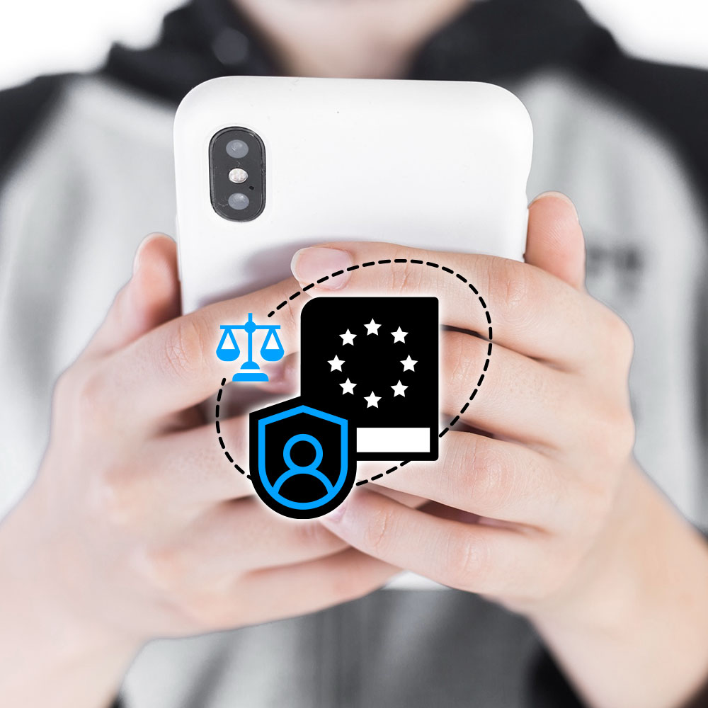 Image of two hands holding a smartphone and some privacy laws icons on top