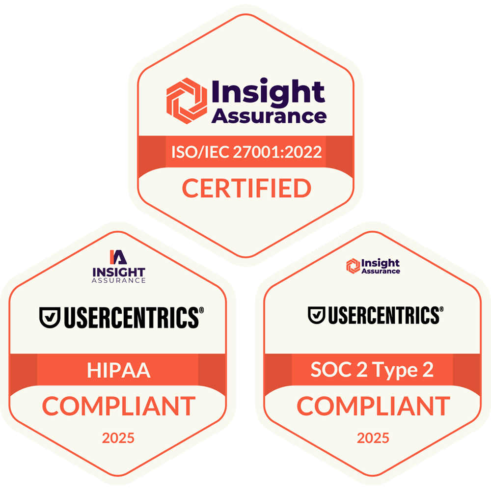 Badges indicating that Usercentrics is ISO/IEC 27001:2022 certified, HIPAA compliant and SOC 2 Type 2 compliant
