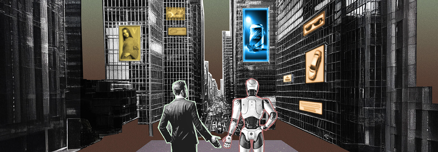 Illustration of a person walking with a robot in the city