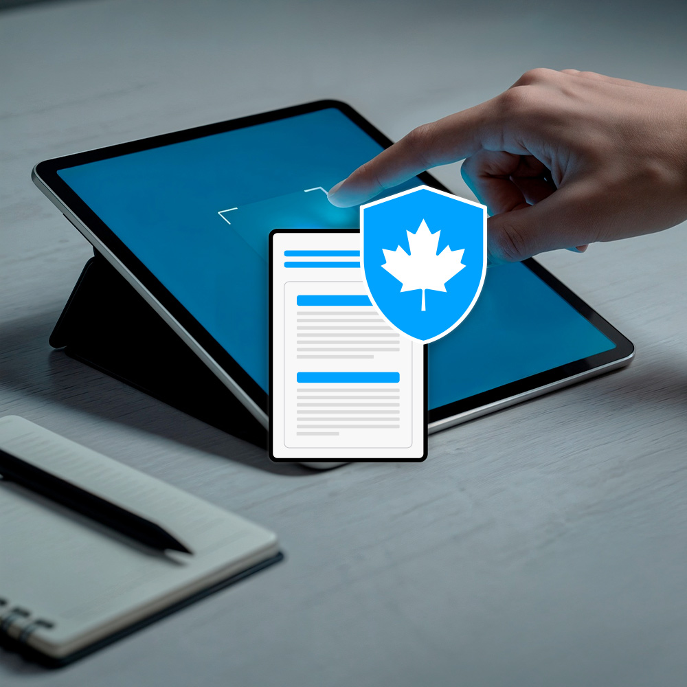 Image of a tablet device and someone operating it and on top a shield with Canada's leave